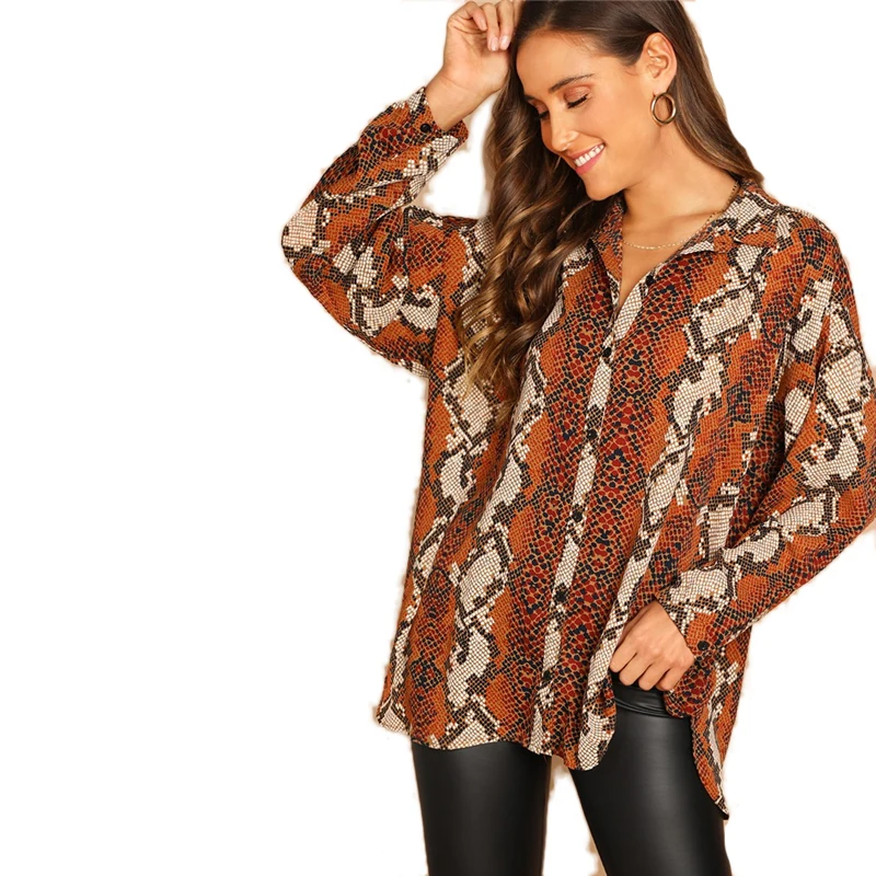 SHEIN Блуза С Змеиным Принтом, Рубашка С Длинным Рукавом И Животным Принтом