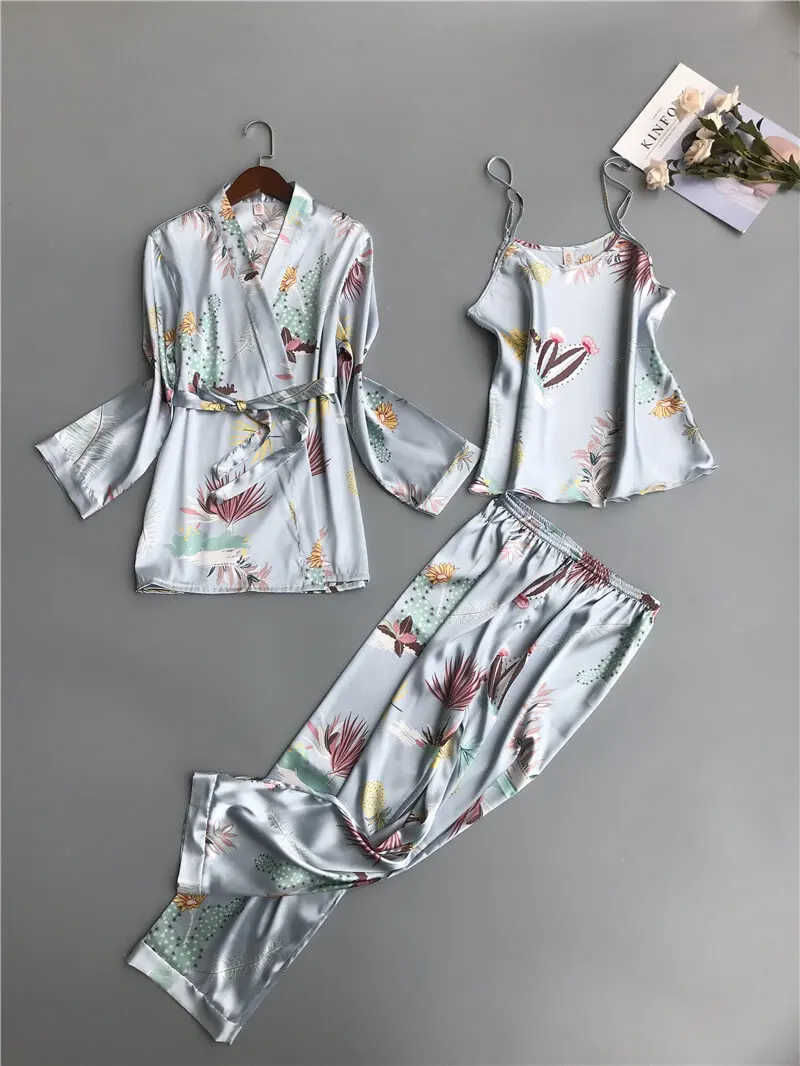 Light green VVUES, 3 шт., женские пижамные комплекты со штанами, сексуальная пижама, атласная, с цветочным принтом, одежда для сна, шелковая, Дымчатая поверхность, одежда для сна, пижама - Цвет: Light green