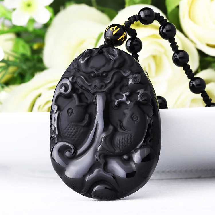 Великий 40x53 мм китайский ручной работы черный Обсидиан Резной матовый амулет Lucky East прыгающая рыба дракон кулон ожерелье