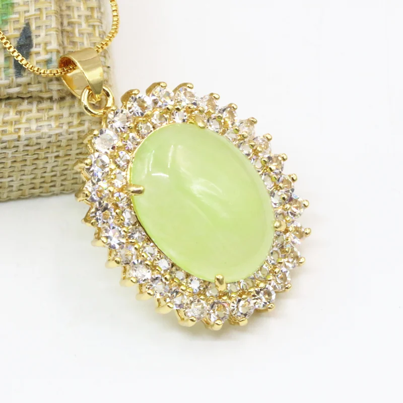 Natural Green Stone Jades Pendant Gold-Color Copper Zircon Chain Necklace For Women 28x37mm Chalcedony Pendants Jewelry B3314 | Украшения и