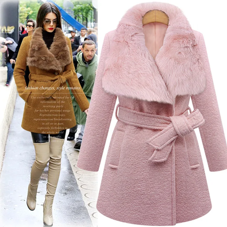 2016 Новая Зимняя Большой Кролик Шерстяное Пальто Воротник С Длинными Талии Xl мода