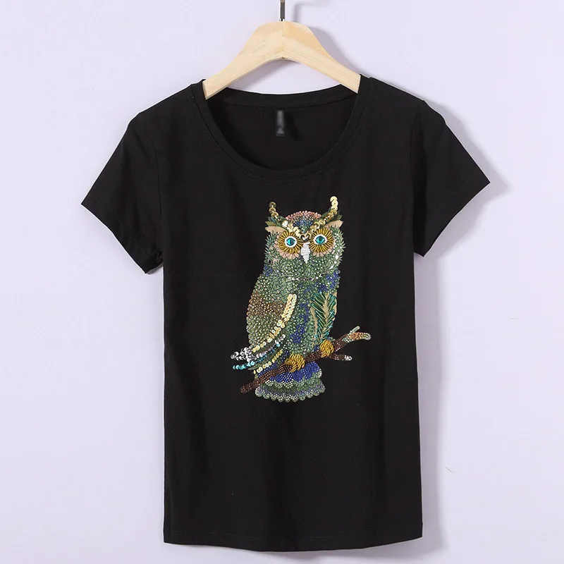 

2021 Fashion Vintage T shirt Women Summer Tee ops Beading Diamond Sequins Owl Print T-shirt Women Cotton Tops Plus Size 4XL