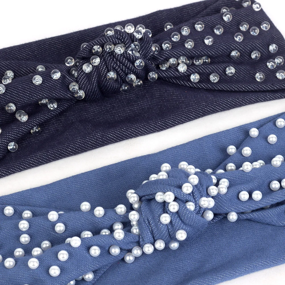 Женские аксессуары с жемчужинами джинсовые ребристые ленты для волос бантом в