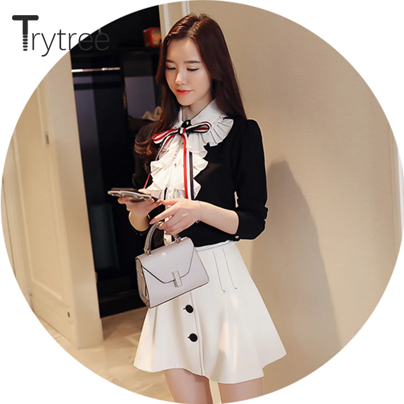 Trytree/весенне летняя женская блузка Повседневная рубашка из полиэстера с бантом и