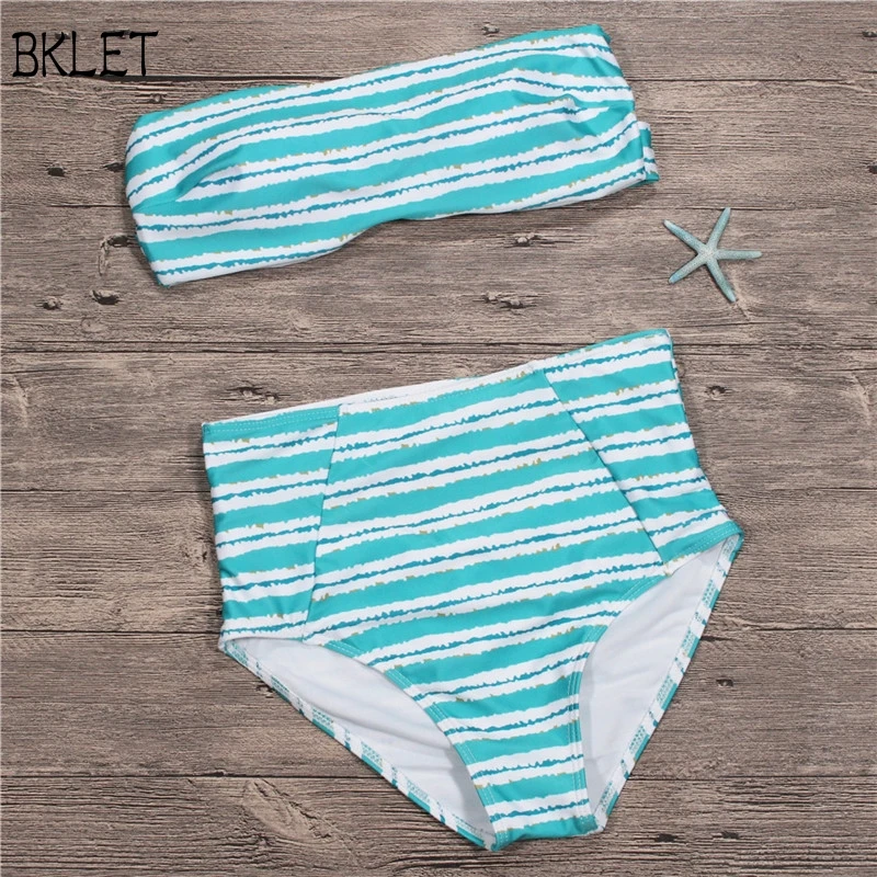 

2018 New Blue Striped Bikini Set Women Two Piece Chest Pad High Waist Polyester Sexy Swimwear Summer Beach Slim Swimsuits