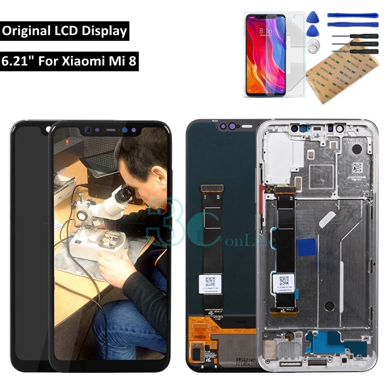 Оригинальный Xiaomi Mi 8 ЖК-дисплей сенсорный экран панель с рамкой дигитайзер сборка
