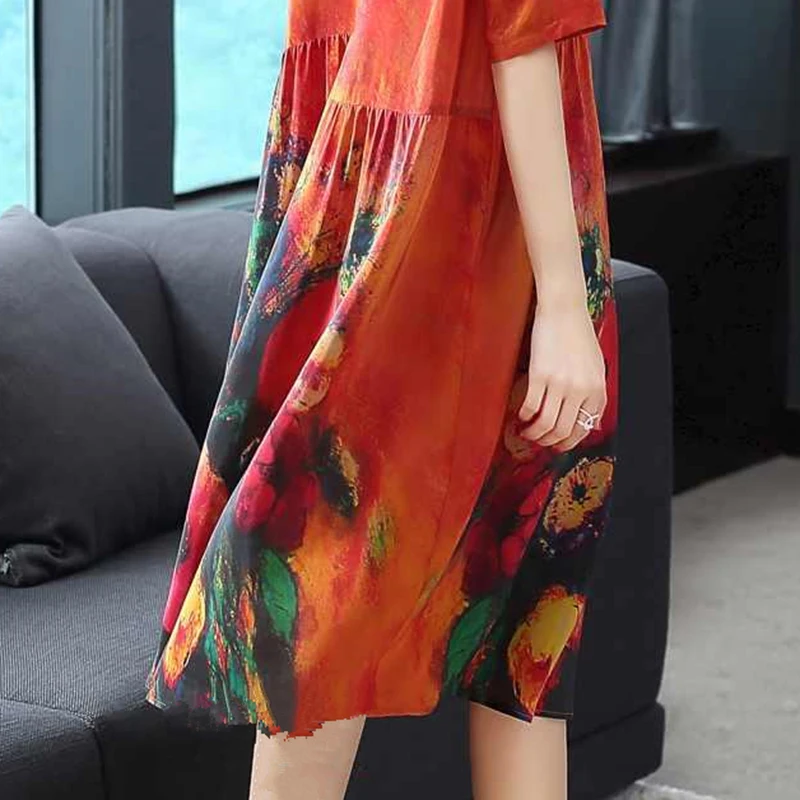Women Dress Plus Size Summer Imitation Silk Print Vestido Colorful Female Loose Casual Vintage Large Dresses NO905 | Женская одежда