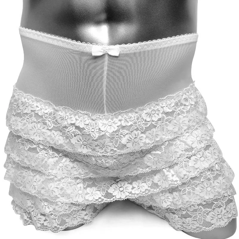 Sissy Underwear Men Boxer Shorts Mesh See through Gay Sexy Panties Fetish Exotic Lace Frilly Layer Lingerie Underpants