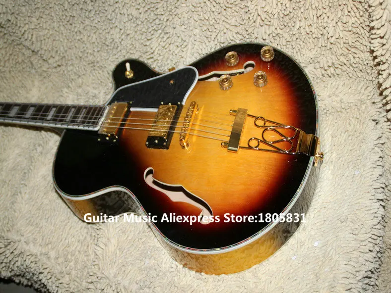 Новое прибытие Sunburst полый Джаз гитарное ушко Связывание Золотой аппаратура