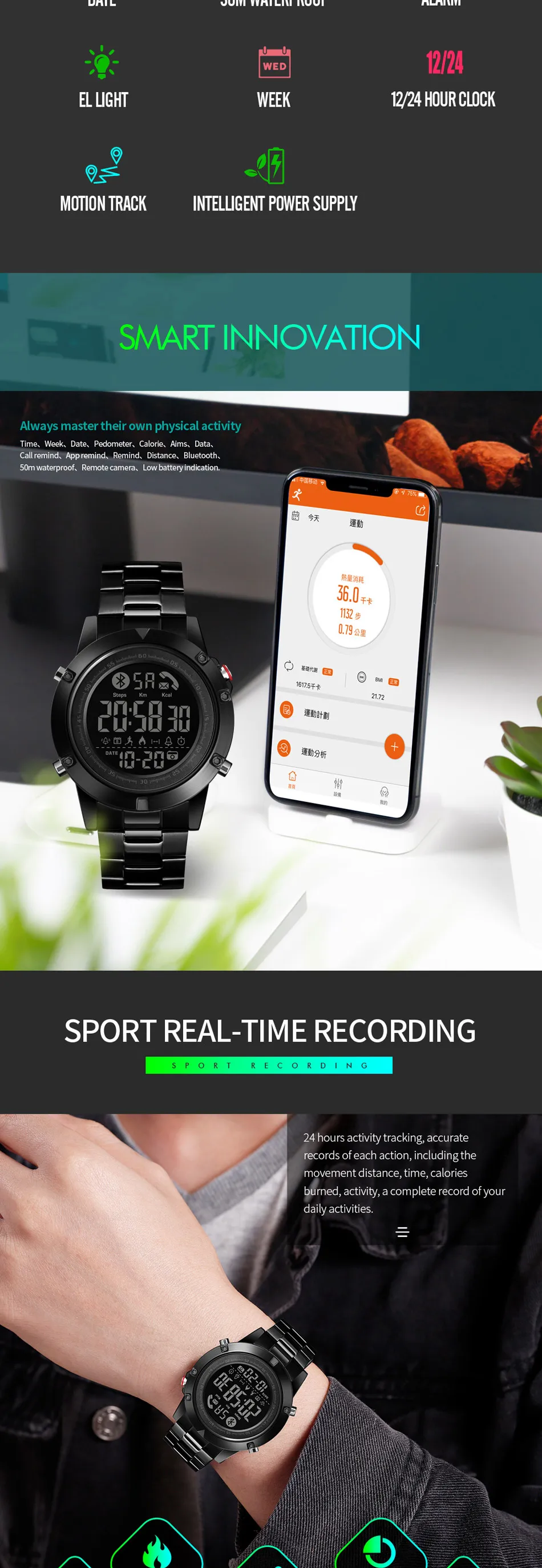 SKMEI Smart Bluetooth Men's Watch Pedometer Calorie Fitness Clock Digital Heart Rate Sleep Wristwatch Monitor reloj inteligente