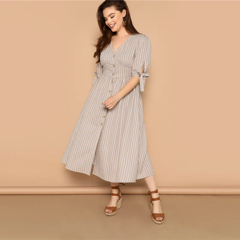 SHEIN, платье в полоску с разноцветными узелками, пуговицами, размера плюс,, женское летнее платье в стиле бохо, v-образный вырез, половина рукава, хлопок, длинное платье