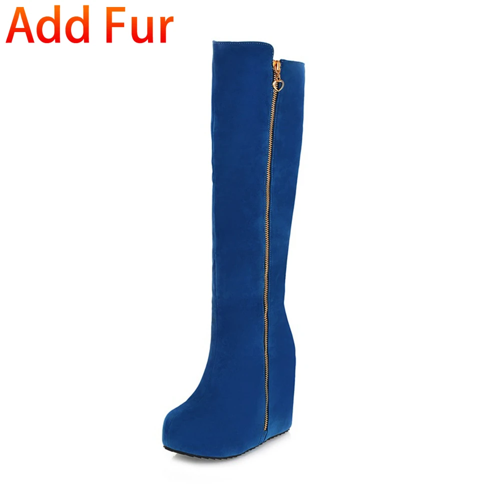 blue add fur 1 KARINLUNA/новые женские туфли на танкетке, на высоком каблуке, на молнии, однотонные, с круглым носком, на платформе, женские повседневные зимние сапоги до колена Большие размеры 32-43 - Цвет: blue add fur 1