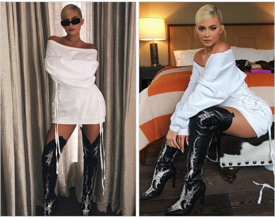 Glamorous Lace Up Slash шеи свитер платье KylieJenner белое с длинным рукавом сплошное с плеча сексуальное мини женское платье