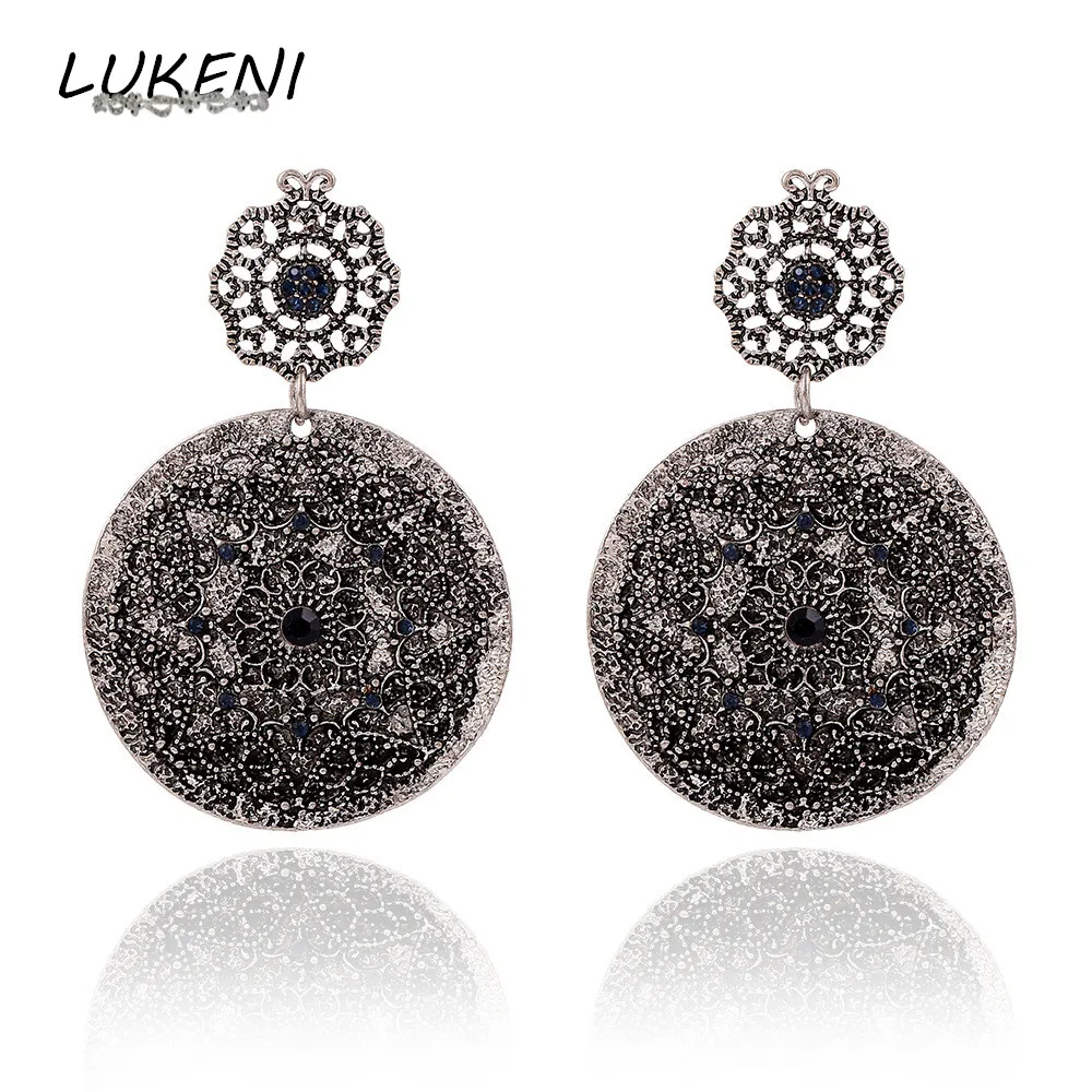 

LUKENI Fashion Jewelry Vintage Carved Disc Crystal Big Statement Earrings Long Drop Dangle Earrings for Women DE042