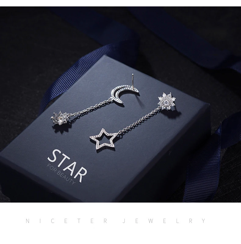 Модные висячие серьги со стразами 925 серебро с кристаллами Swarovski Звезда Луна Серьги Висячие женские длинные висячие серьги