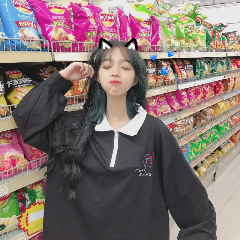 Autumn Women's Clothing Korea Sweet harajuku Embroidery loose Hoodies Zipper Turtleneck long sleeve New ulzzang Sweatshirts | Женская