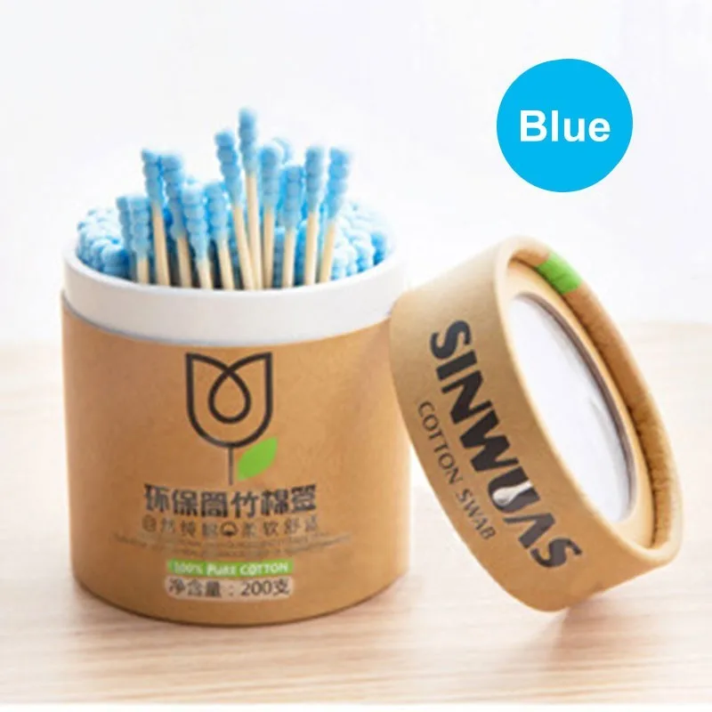 blue 200 шт Двухсторонние бамбуковые ватные палочки деревянные палочки уши глубокое очищение полости рта клей щетка микрощетка деревянные ватные палочки Уход за волосами - Цвет: blue