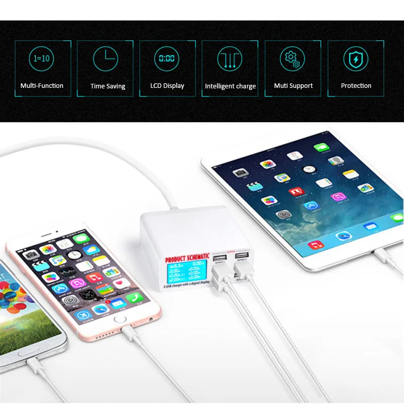 6A 30W 6-Port USB Fast Wall Charger Desktop Charging Station with LCD Display and Auto Detect Technology for iPhone iPad Samsung |