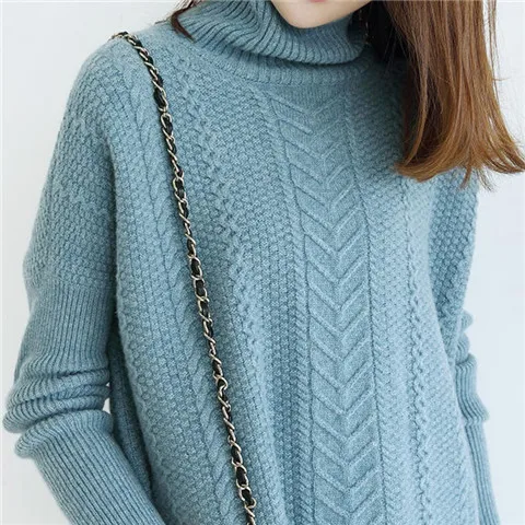 light blue Новая мода чистый кашемир водолазка толстый вязаный женский Витой Сплошной Свободный пуловер свитер S-2XL в розницу и оптом - Цвет: light blue