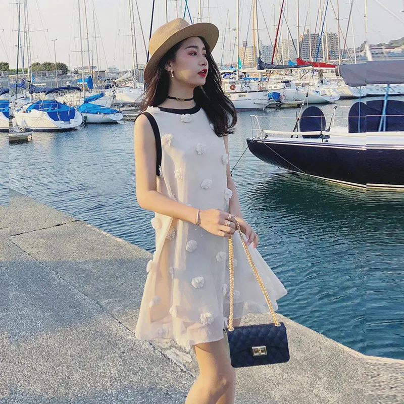 Женское платье с круглым вырезом без рукавов бантом на спине свободное короткое