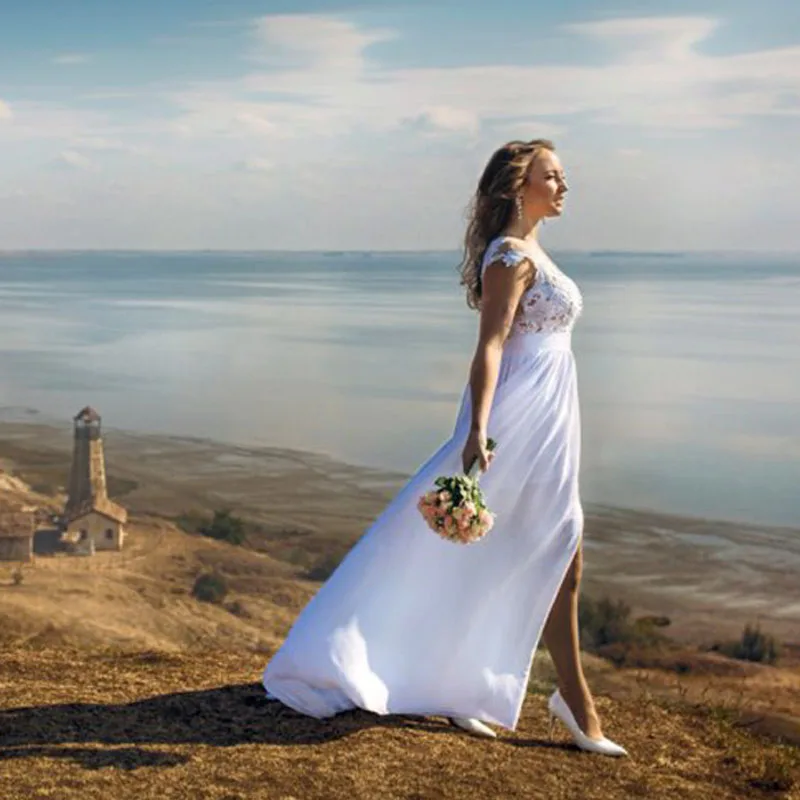 Шифоновые пляжные свадебные платья Vestido De Noiva винтажные кружевные аппликации сексуальные женские свадебные платья с коротким рукавом