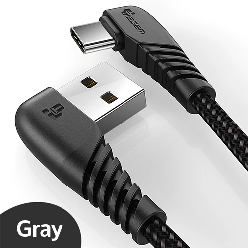 Серый TIEGEM 90 градусов usb type C кабель 3A USB-C кабель type-C провод для быстрой зарядки для samsung S8 S9 S10 PLUS кабель для мобильного телефона 2 м 3 м - Цвет: Серый