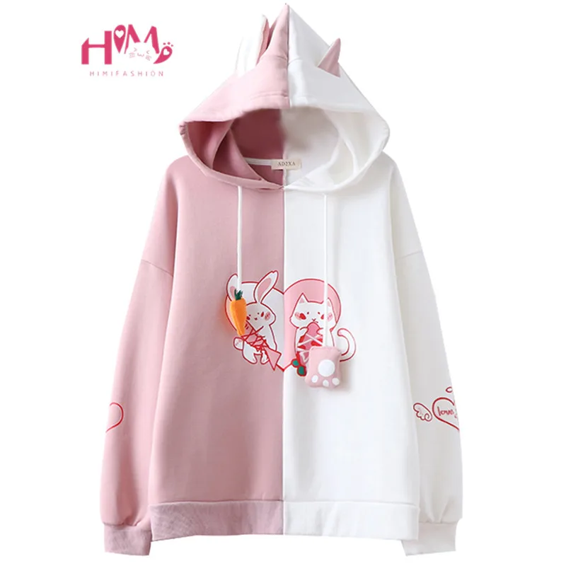 Женская толстовка Kawaii с заячьими ушками и милым кроликом котом, милая Толстовка Harajuku, мягкий розовый пуловер с аниме для девочек, спортивная одежда
