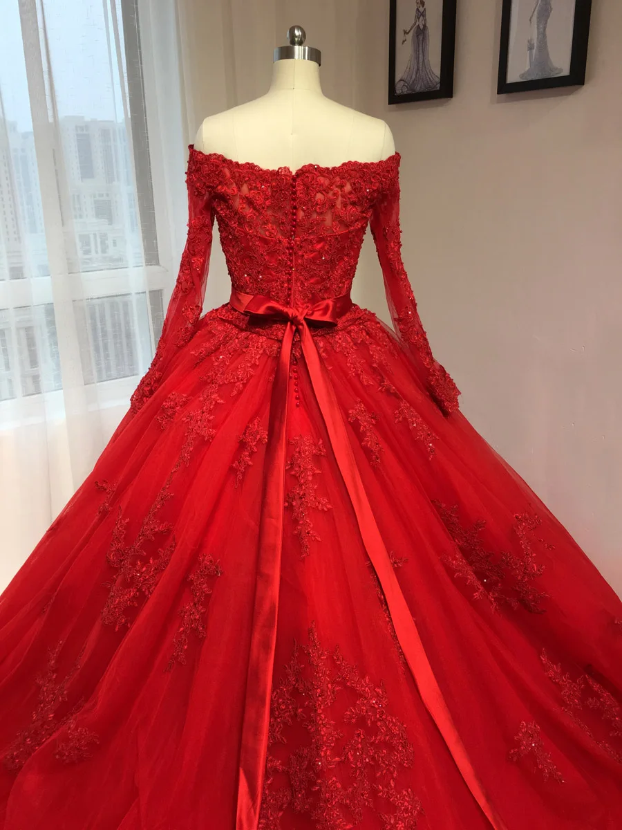 Красное свадебное платье с длинным рукавом и открытыми плечами|vestido de noiva princesa|noiva