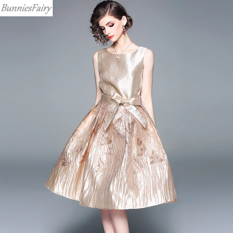 BunniesFairy знаменитости стиле Для женщин Хепберн элегантные Винтаж цветочный шампанское жаккардовое платье трапециевидной формы майка с цветочным принтом вечерние платья с бантом и поясом