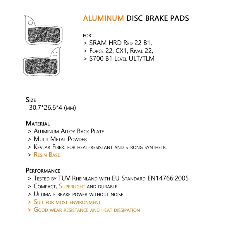 1 Pairs Lightweight Bicycle Semi-metallic Disc Brake Pads Aluminum Alloy Back For SRAM HRD Red 22 B1 Force CX1 Rival | Спорт и