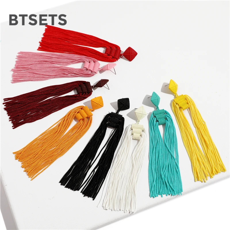 BTSETS черные длинные висячие серьги с кисточками для женщин Brincos массивные