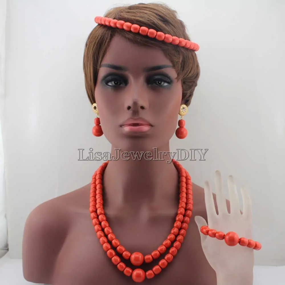 Модное ожерелье браслет серьги повязка на голову африканские Ювелирные наборы нигерийские Свадебные Коралловые бусины Ювелирный Набор Бе...