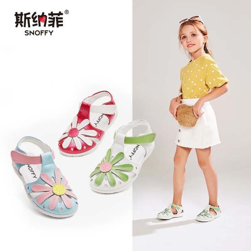 Туфли детские летние из натуральной кожи с цветочным принтом TX163|flower girl sandal|girls