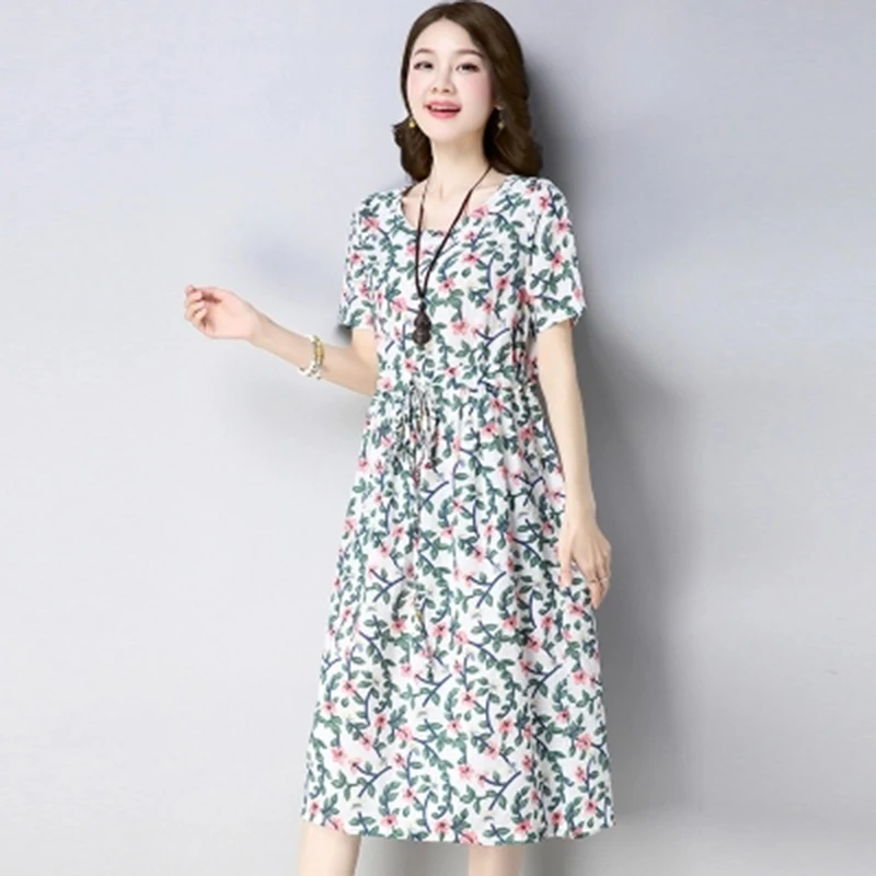 Женское винтажное платье с коротким рукавом Длинное свободное из хлопка и льна