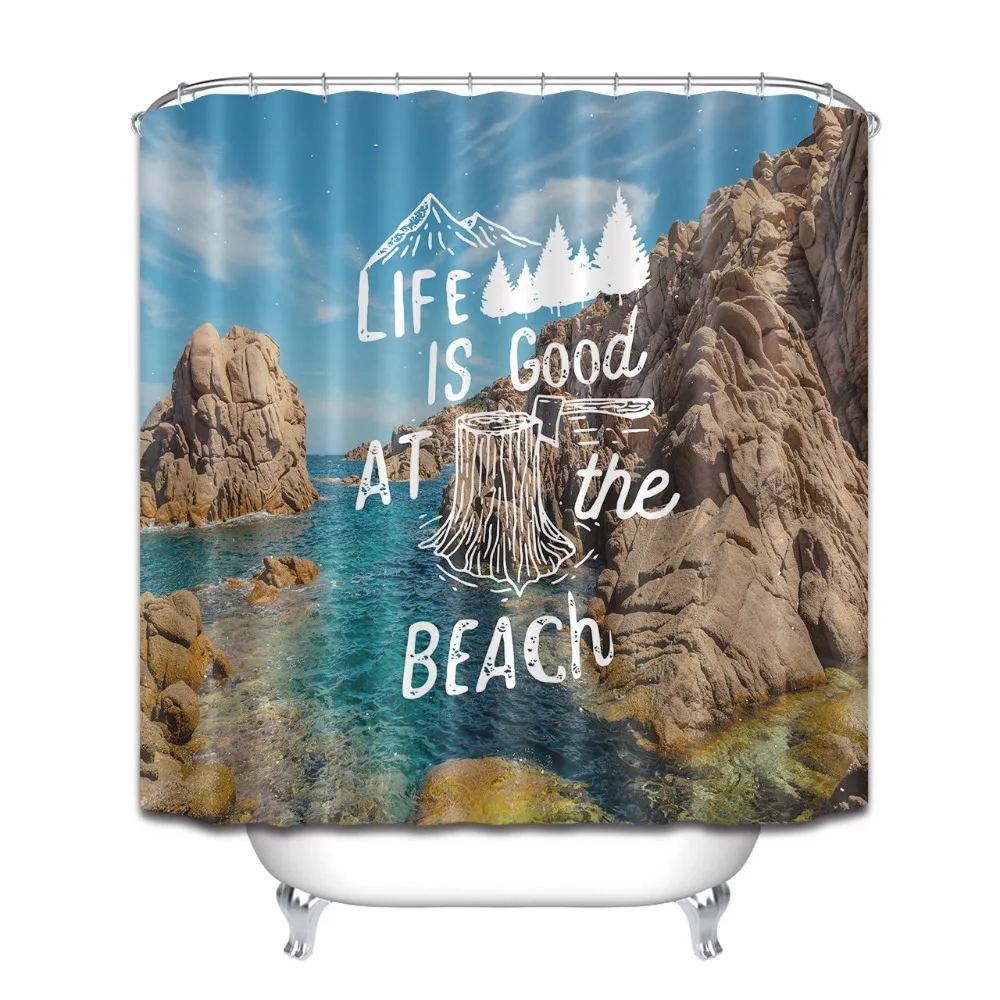 

72'' Bathroom Waterproof Fabric Shower Curtain Polyester 12 Hooks Bath Accessory Sets Life Is Good On The Beach Sea Bay Mountain