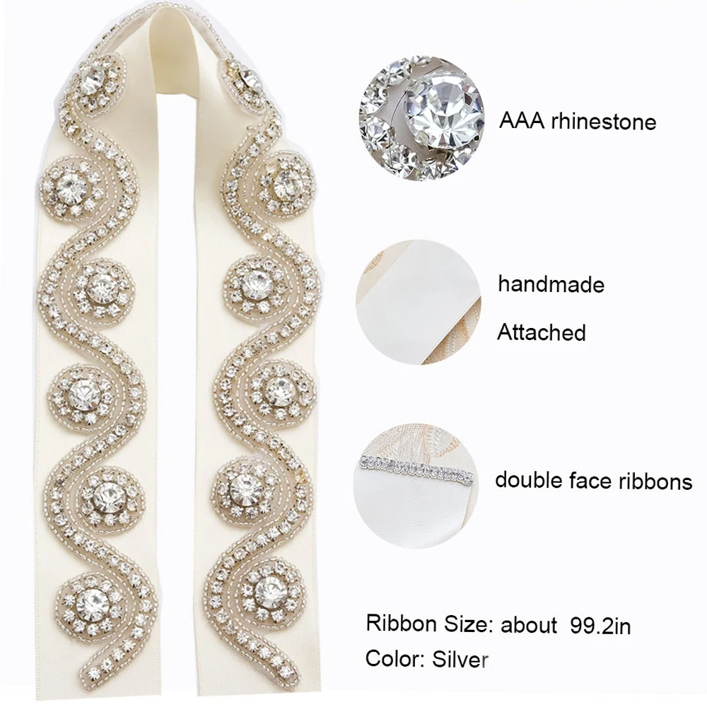 Yanstar Bridal Belt Silver Rhinestones Hand Beaded Crystal For Wedding Dresses 35WB939 | Свадьбы и торжества