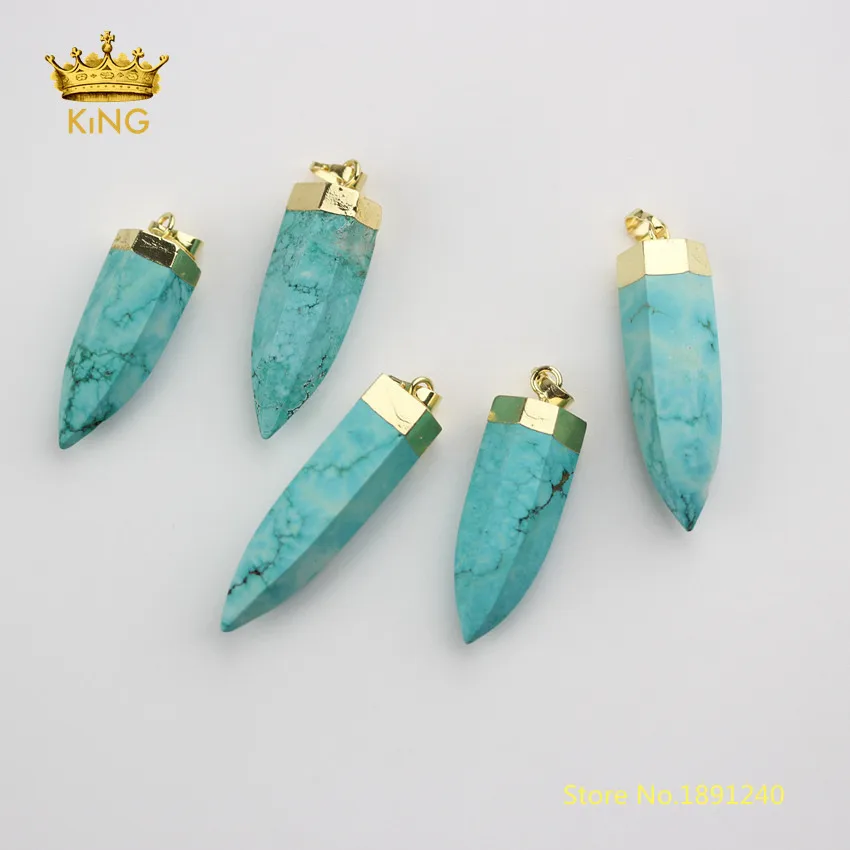 

10pcs Blue Turquoises Faceted Stick Points Pendants Jewelry,Plated Gold Caps Charms Cut Howlite Spikes Making Necklace XING-8