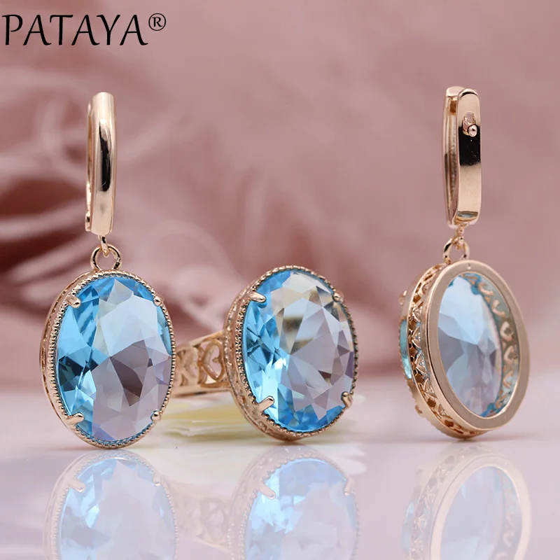 PATAYA, Новые овальные длинные серьги, набор колец, 585, розовое золото, для женщин, модные, для свадьбы, вечеринки, благородный, многоцветный, натуральный циркон, ювелирные наборы - Окраска металла: Light Blue