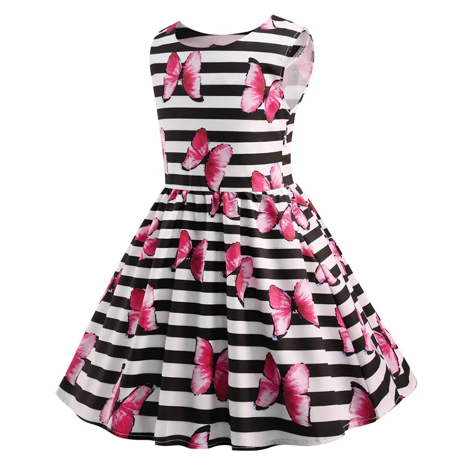 Girls Vintage Print Swing Party Dresses Children Sleeveless Summer Butterfly Casual Sundress Kids Elegant Clothes for 2-8 Years | Детская