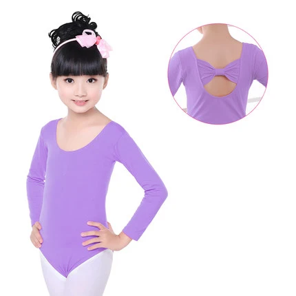 Lavender Long Sleeve Новинка; с длинными/короткими рукавами; балетное трико для танцев для девочек; Детские милые костюмы с бантом на спине для гимнастики и танцев - Цвет: Lavender Long Sleeve