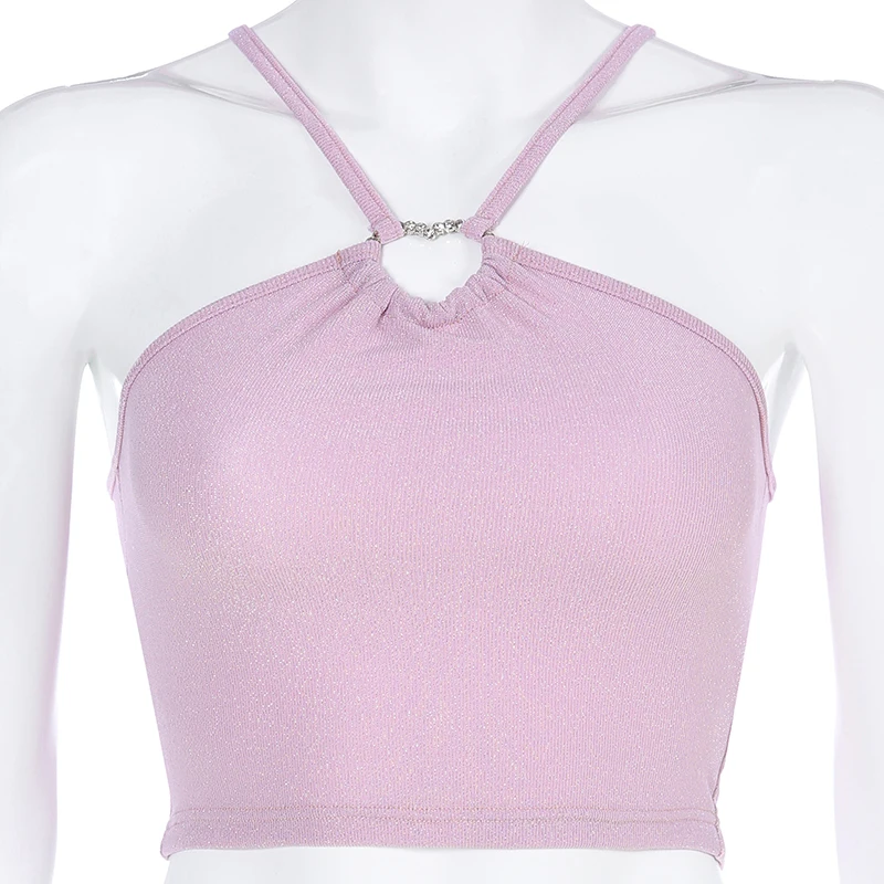 Waatfaak розовый блесток блестками пикантные Ring Tank Top Bodycon ремни вязаные летние топы на бретельках Вечерние Harajuku милые спинки