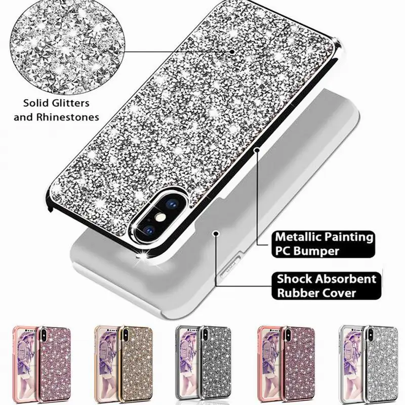 

YISHANGOU Luxury Glitter Sparkly Diamond Bling Dual Layer TPU+PC Shockproof Case For iPhone 13 12 11 Pro XR XS MAX X 8 6 S 7Plus