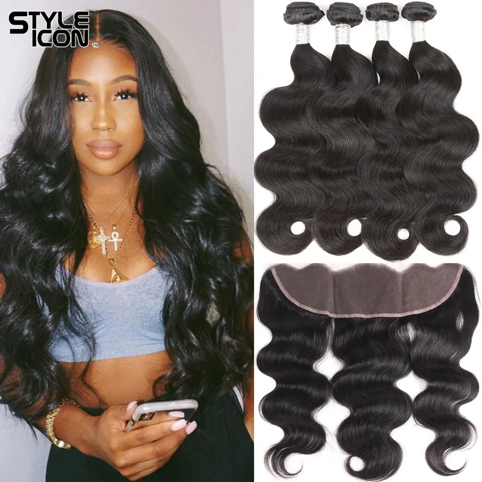 Peruvian Body Wave Hair with Frontal Styleicon Non-Remy Frontal and Bundles Body Wave Human Hair Bundles with Frontal Closure