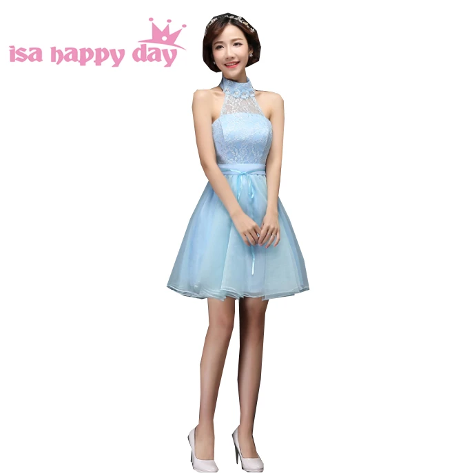Женское вечернее платье элегантное короткое светло голубого цвета с кружевом