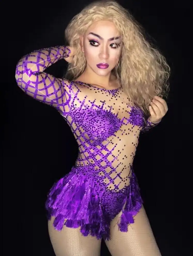 Women New Sexy Purple Tassel Crystals Bodysuit Outfit Party Costumes Stage Wear Dance Nightclub Singer Rhinestone Bodysuit