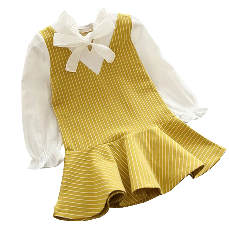 Girls Dress Autumn Kids Casual Fake 2 Piece Long Sleeve Striped Print Bowknot Design Baby Children Costume | Детская одежда и