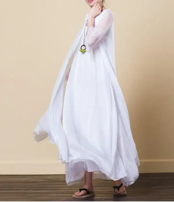 Elegant Temperament Women Long Dress 2022 New Summer Silk Exquisite Embroidered Simple Round Collar chiffon Loose Vest Dresses | Женская