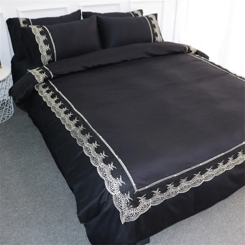 

Роскошный Черный Комплект постельного белья из 100% хлопка, кружевной комплект постельного белья размера Queen/King, пододеяльник/пододеяльник, К...