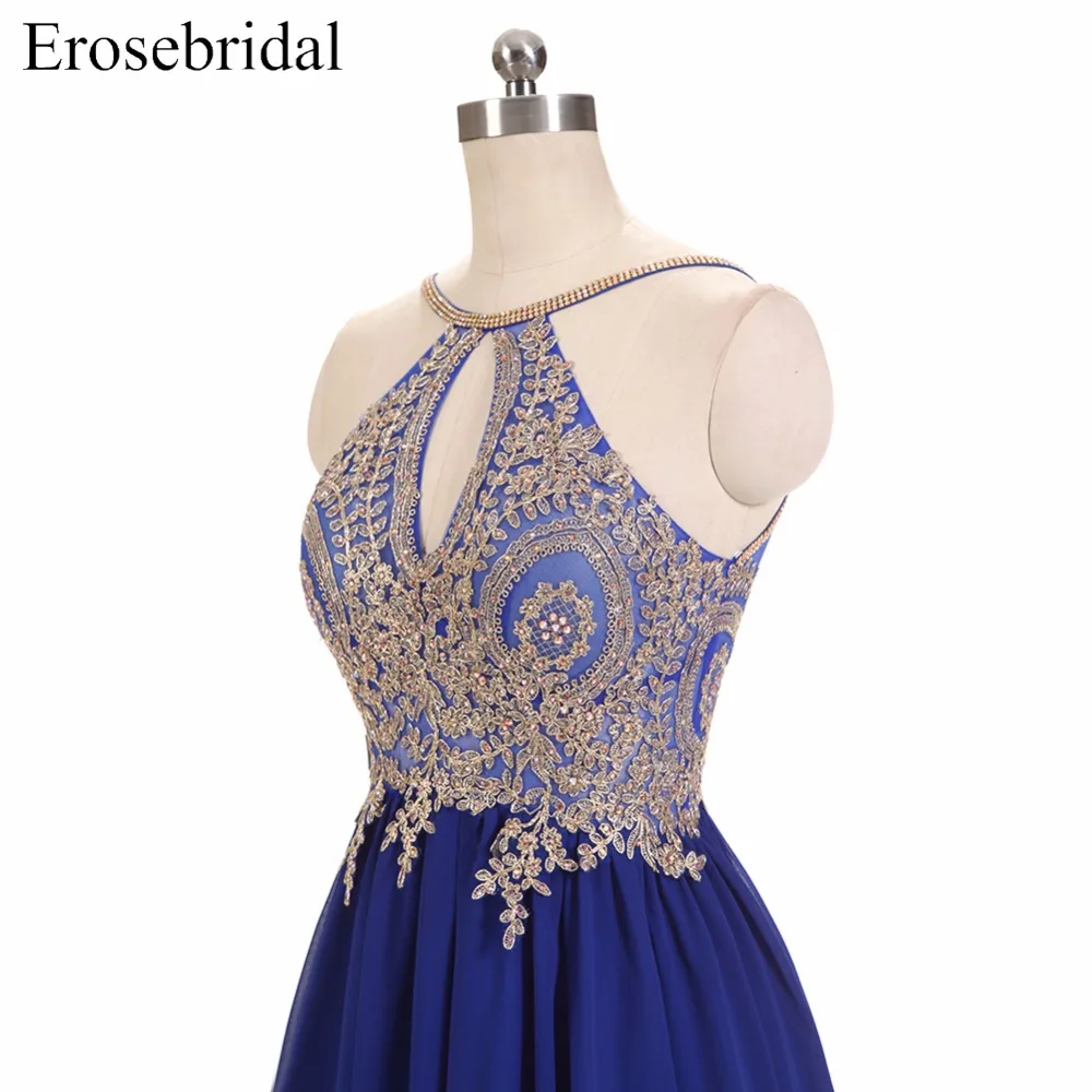 Сексуальное платье для выпускного на бретельках с золотыми аппликациями без