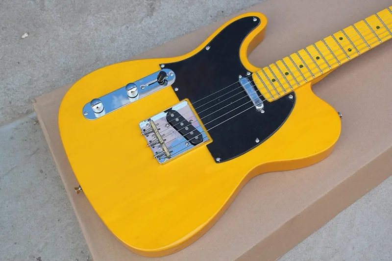 

Factory Wholesale Left-hand Yellow String-thru-body Electric Guitar with Yellow Neck,Black Pickguard,Offer Customized